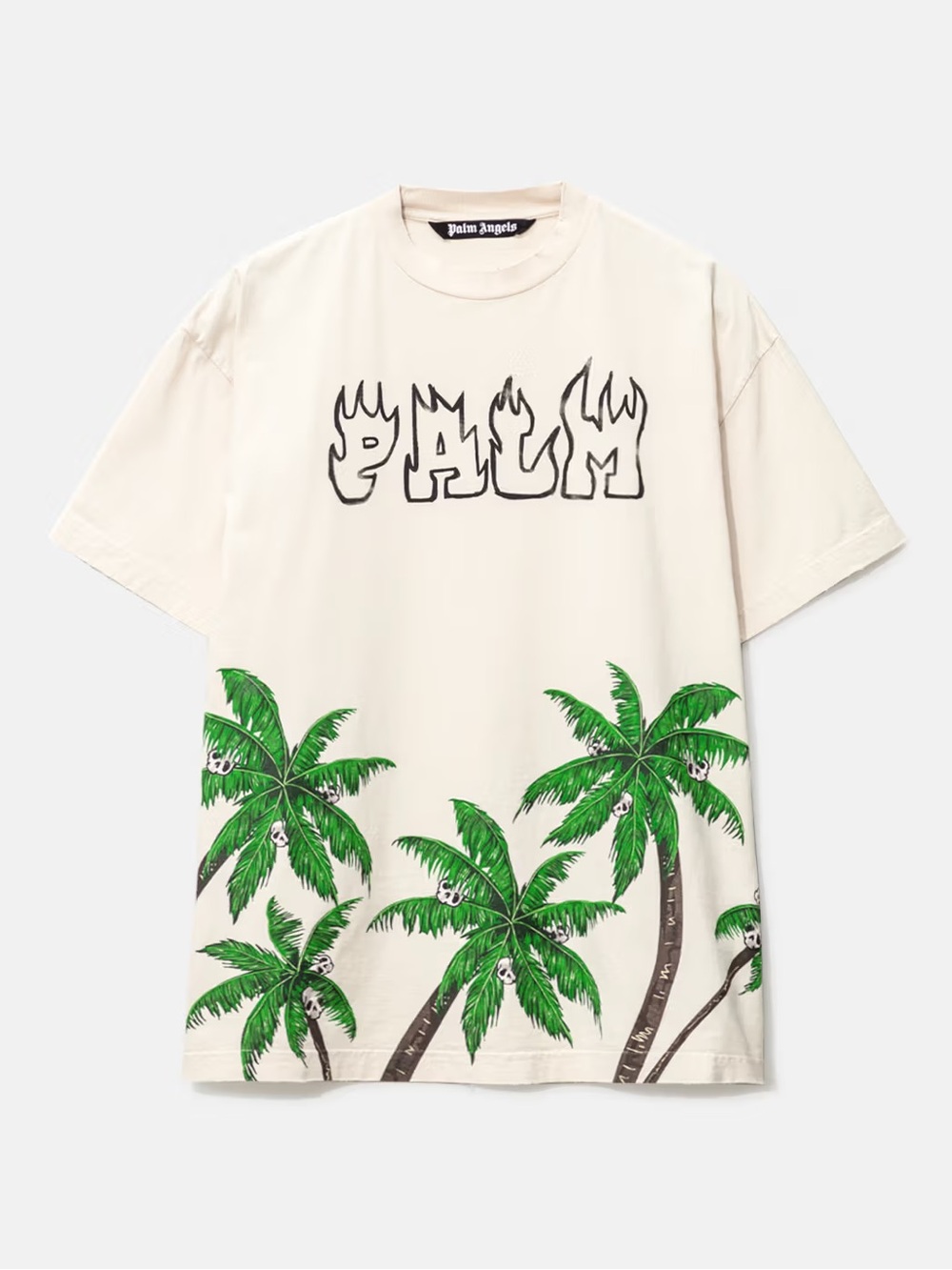Palm Angels Cream Tee with Green Palm Tree Graphics